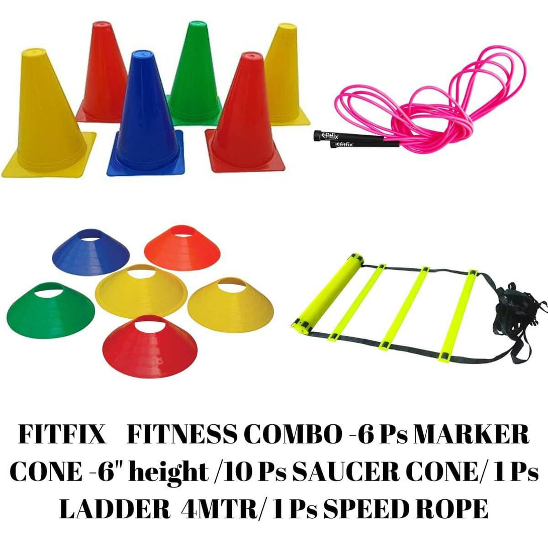 Fitfix 6 Inch Cones Pack 6,10 Space Markers, 4 Meter Ladder & Pencil Skipping Rope Agility Combo