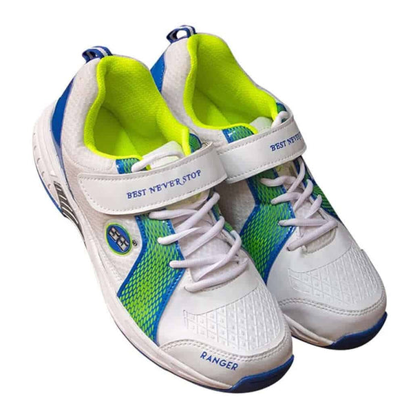 SS Ranger Metal Spikes Cricket Shoes (White/R Blue/Lime)