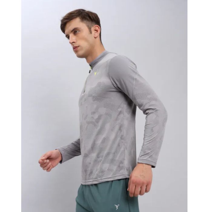 Technosport Men's Active Zip Neck Full Sleeve T-Shirt-P612 (Light Grey)