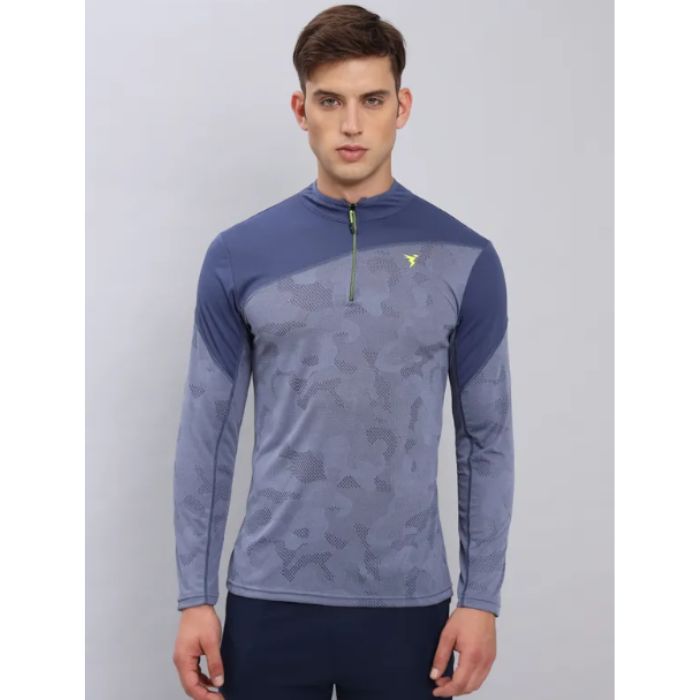 Technosport Men's Active Zip Neck Full Sleeve T-Shirt-P612 (Light Navy)