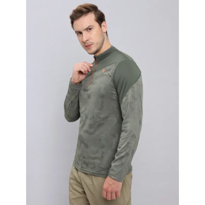 Technosport Men's Active Zip Neck Full Sleeve T-Shirt-P612 (Olive)